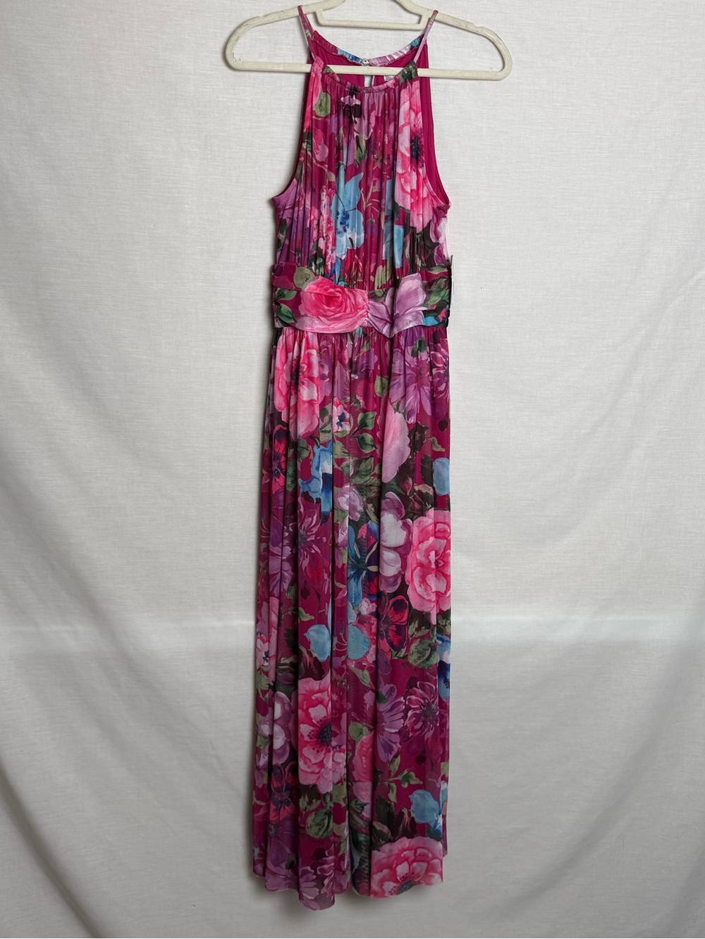 London Times Womens 10 Pink Floral Maxi Dress Pleated Mesh Halter NWT $89